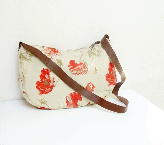 Poppy Love- Floral Cotton Cross Body Shoulder Bag with Leather Strap