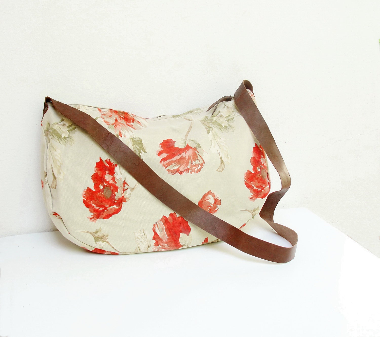 Poppy Love- Floral Cotton Cross Body Shoulder Bag with Leather Strap