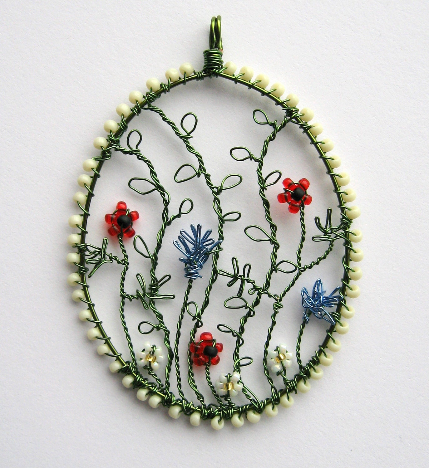 Wayside - wire-wrapped flower pendant with poppies, cornflowers and daisies