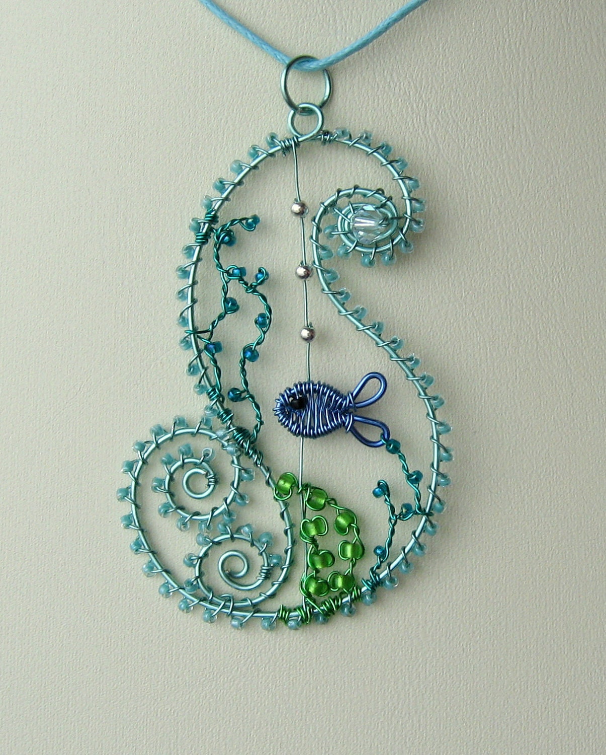 Ocean Wave wire wrapped sea themed pendant with free matching earrings