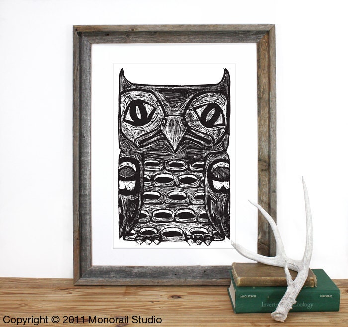Native American Owl Totem Pole Print 12 x 19 in Pick your color