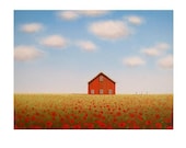 Poppy Farm Art Print Old BARN Country Landscape Poppies from an Original Painting 8 x 10" or 9 x 12" Red blue green Art Gift