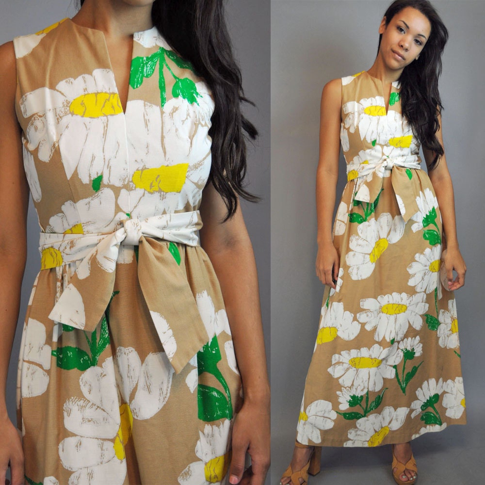 60s dress MOD dress /Hawaiian maxi dress / tropical floral dress / caftan maxi dress XS / S