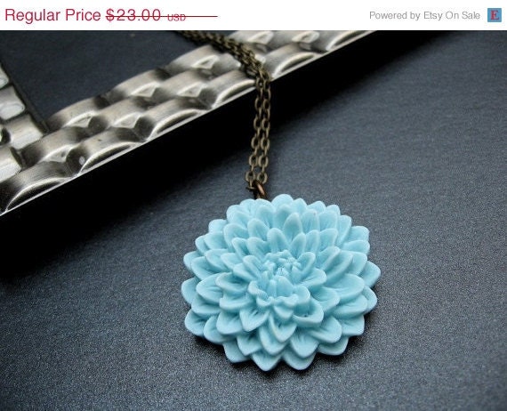 Mum Flower Necklace, Robins Egg Blue Mum Cabochon, Light Blue Flower, Antique Brass Chain - Mum's The Word