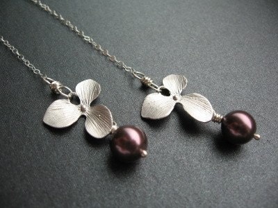 Pearl Lariat Necklace, Purple Swarovski Crystal Glass Pearls, Flower Charms, Sterling Silver Chain - Cherry Blossoms