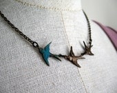 Teal and Brass Sparrow Necklace, Bird Charms, Robins, Blue Bird, Antique Brass Chain - Follow the Leader