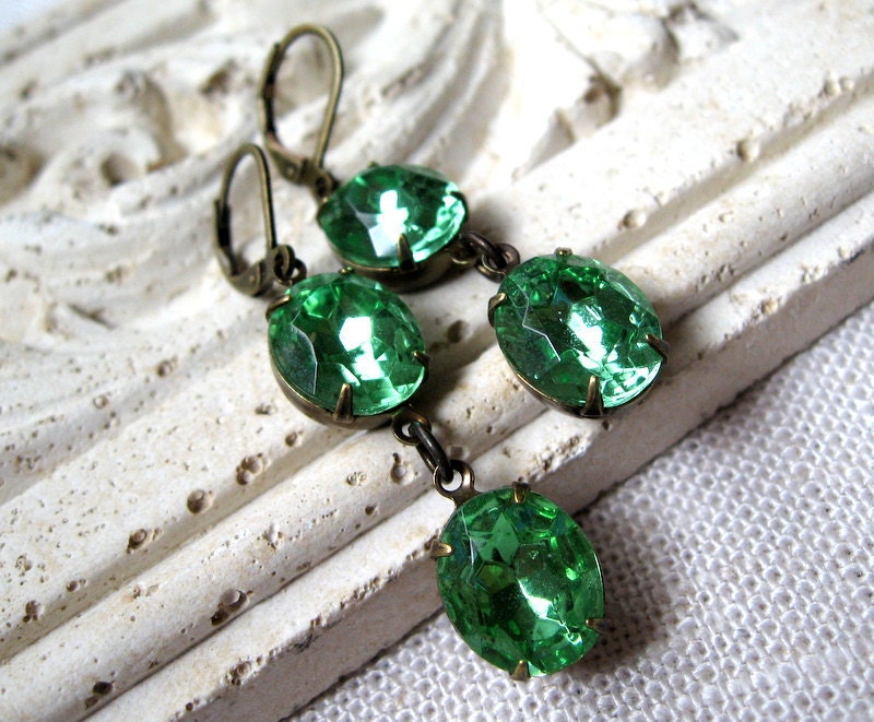 Peridot Jewel Stacked Earrings, Green Earrings, Vintage Peridot Green Glass Jewels, Lime Green, August Birthstone, Antique Brass Leverbacks