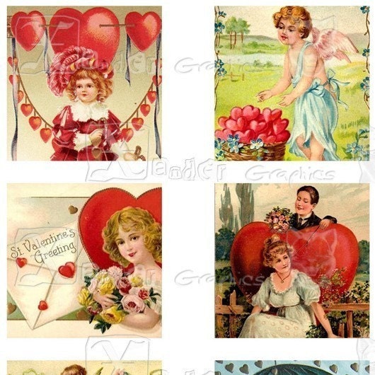 Vintage Valentines Day I - 8.5 x 11 inch Printable Digital Collage Sheet - with 40 - 1 Inch Square Images