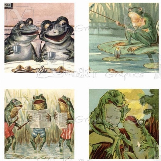 Vintage Frogs II- 8.5 x 11 inch Printable Digital Collage Sheet - with 48 - 1 Inch Square Images