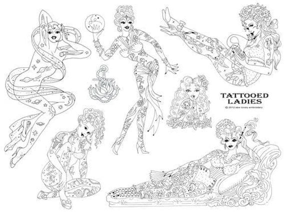 NEW Tattooed Ladies Iron on Hand Embroidery Pattern (original design)