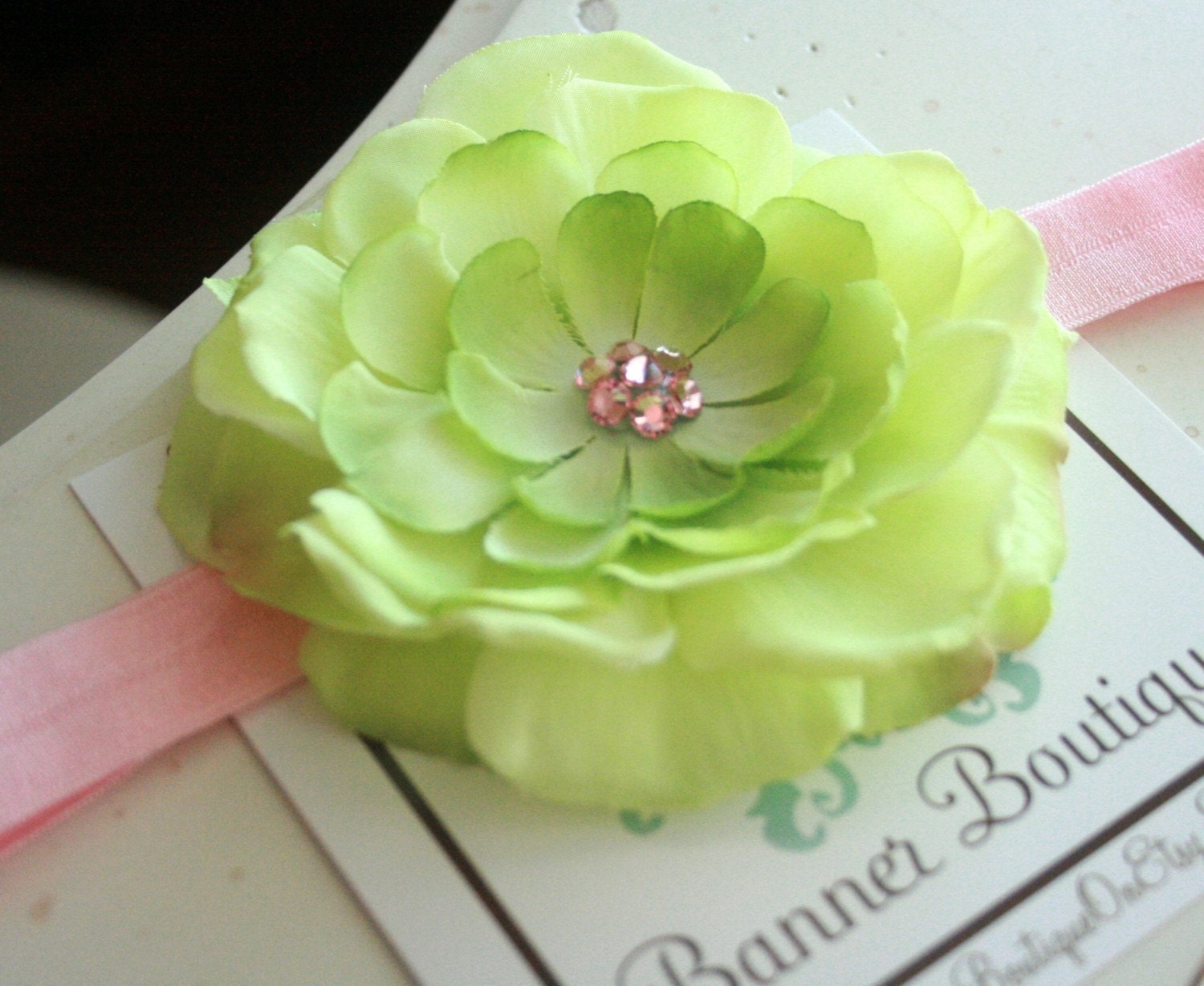 Lime Full Bloom Flower with Pink Swarvoski Crystals Center on Ballet Pink Headband