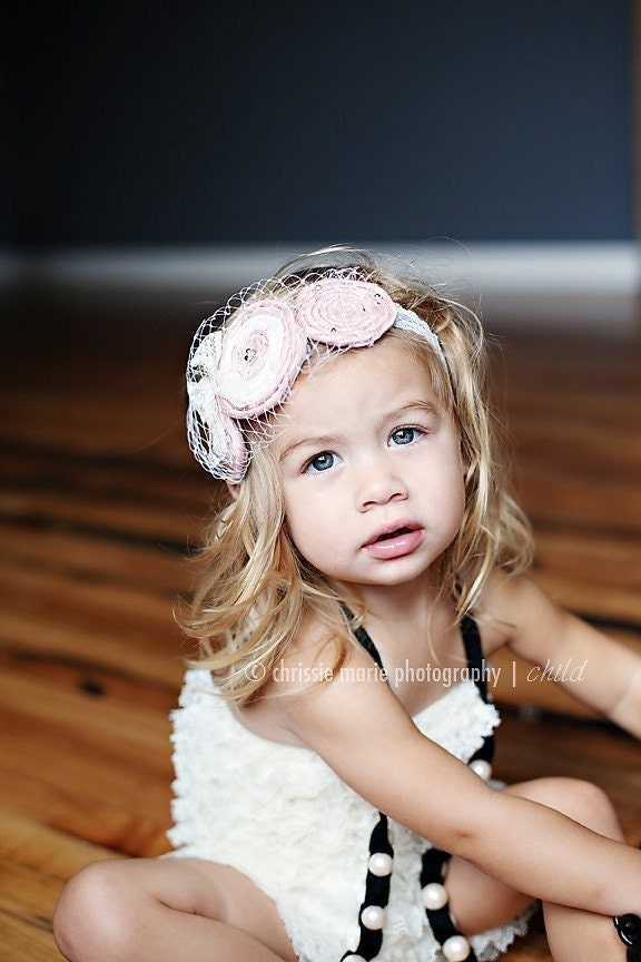 The Audrey Vintage Raw Silk Handmade Triple Rosette Headband with Swarvoski Crystal Accents and French Tulle Baby Infant Toddler Girl Adult  MANY COLORS AVAILABLE