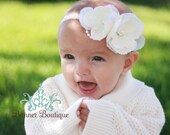Sweet Innocence Orangza and Silk Flower Headband with Pearl and Swarovski Crystal Accents..ALL SIZES AVAILABLE Perfect for Baptisms Christenings Weddings
