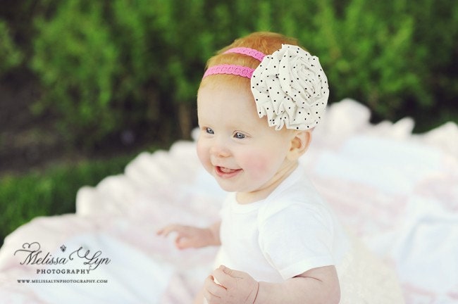 Baby Headband, Girl Headband..Pin Dot Black Polka Dot and Cream Rosette on Hot Pink Double Strand Headband...ALL Sizes..The Camryn