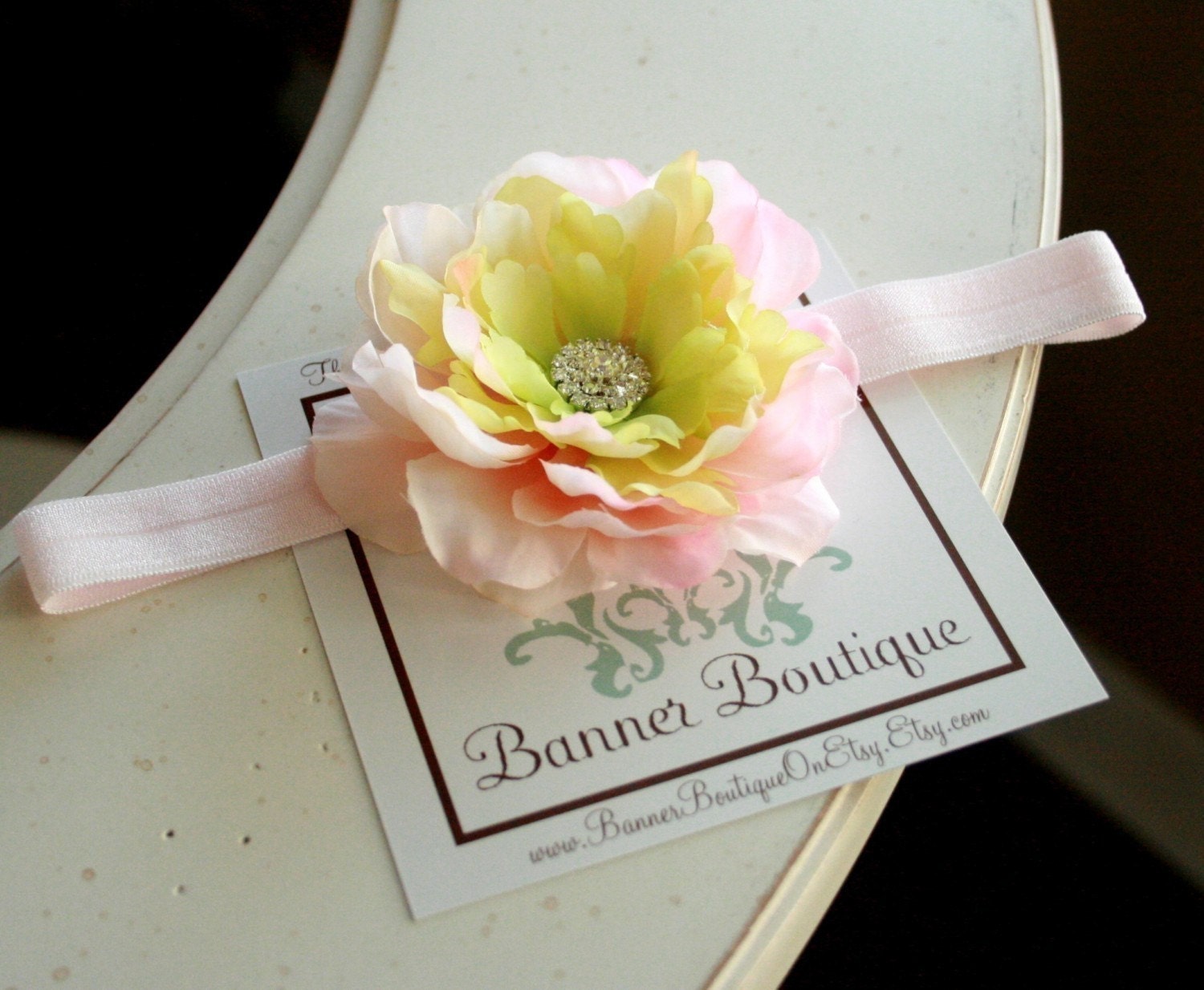 Pink and Green Flower Headband, Rhinestone Flower Headband, Newborn Headband, Baby Headband, All sizes available... The Spring Princess