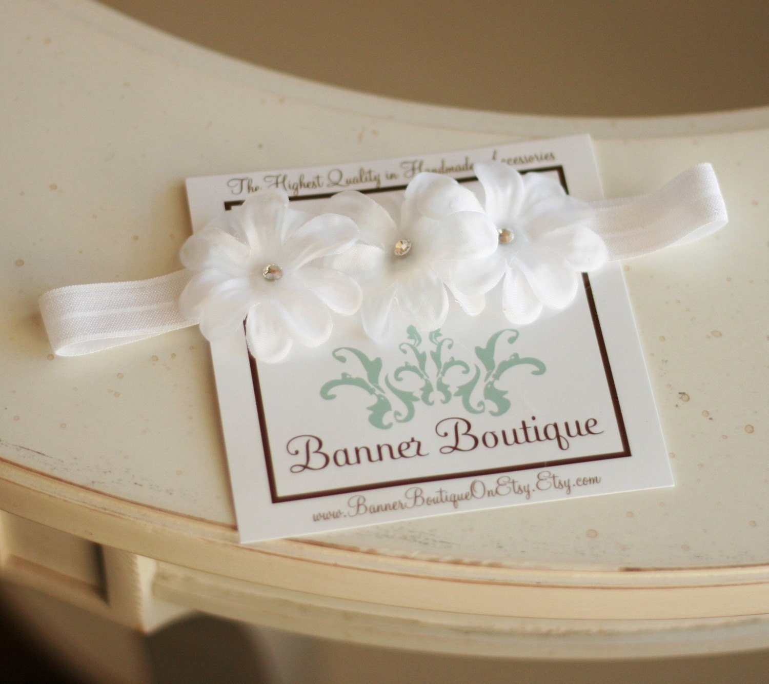 Stark White Headband, Off White Headband, OR Cream Flower Headband on Soft Stretch Headband ALL Sizes... Baptism, Christening, Wedding