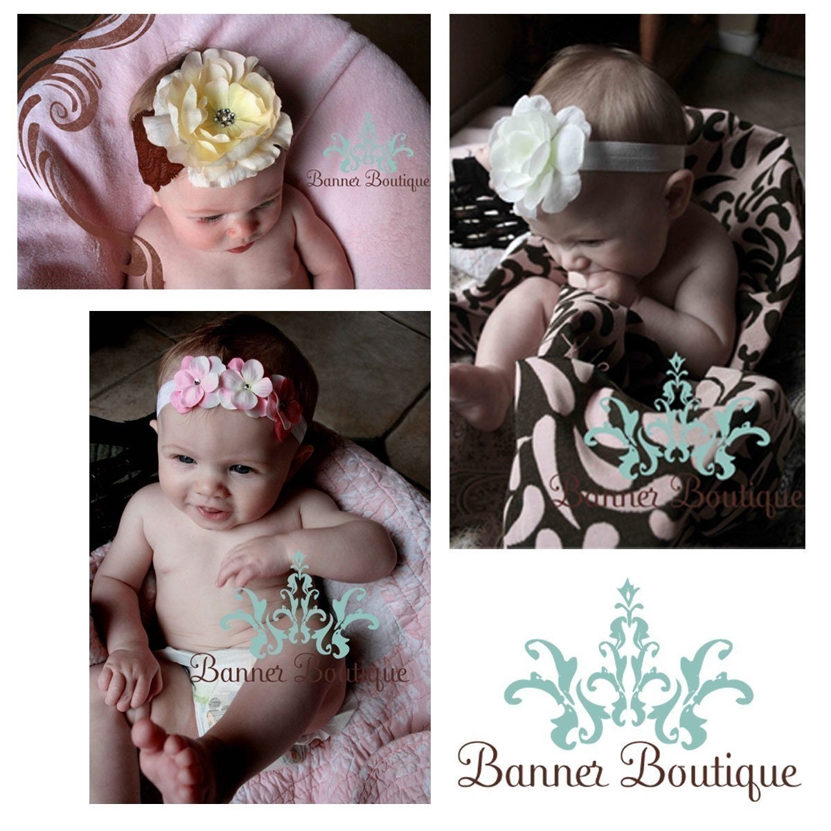 Stark White Headband, Off White Headband, OR Cream Flower Headband on Soft Stretch Headband ALL Sizes... Baptism, Christening, Wedding
