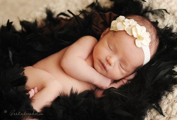 Stark White Headband, Off White Headband, OR Cream Flower Headband on Soft Stretch Headband ALL Sizes... Baptism, Christening, Wedding
