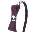 Houndstooth Bow Headband - Skinny - Black and White Satin with Plum Purple Bow