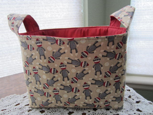 Reversible Organizer Fabric Sock Monkey Red  Bin Basket Storage