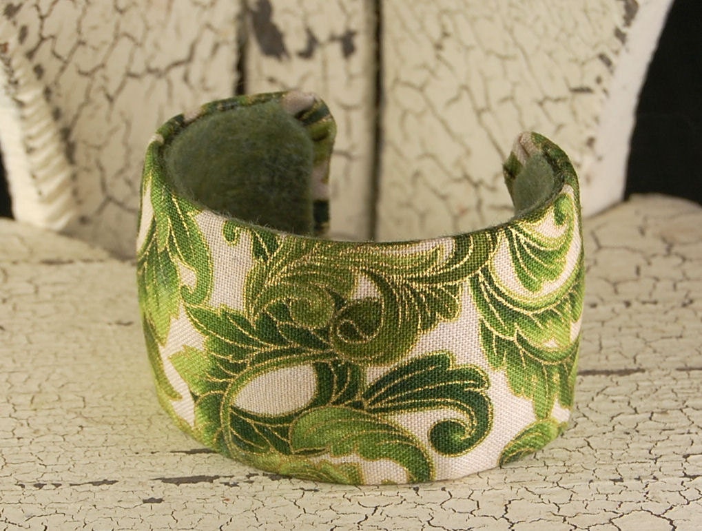 Cuff Bracelet- Green and Gold Leaf Fabric and Felt over Wide Metal Cuff