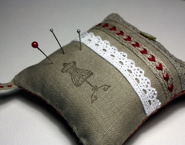 Pincushion, - Natural Linen Fabric, Cotton Lace, Red Trim, Mother of Pearl Button - RUSTIC RED
