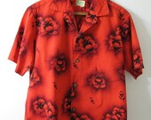Vintage Mens Hawaiian Shirt Hawaiiana Red and Black Floral Print Aloha Shirt
