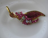 Vintage Bright Pink and Clear Rhinestone Leaf Brooch or Pin Lots of stones - Glam