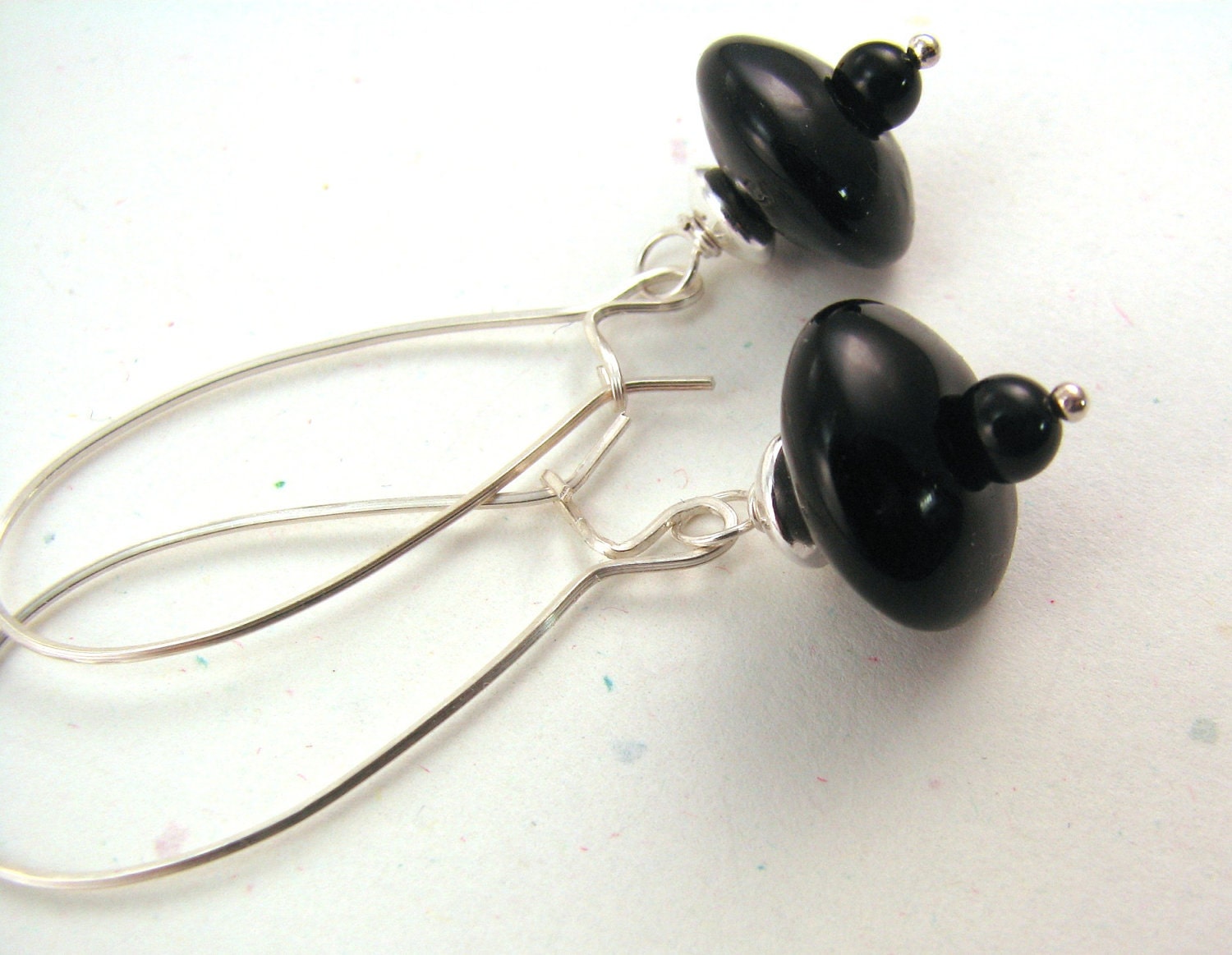 Black artisan lampwork long dangle disc earrings