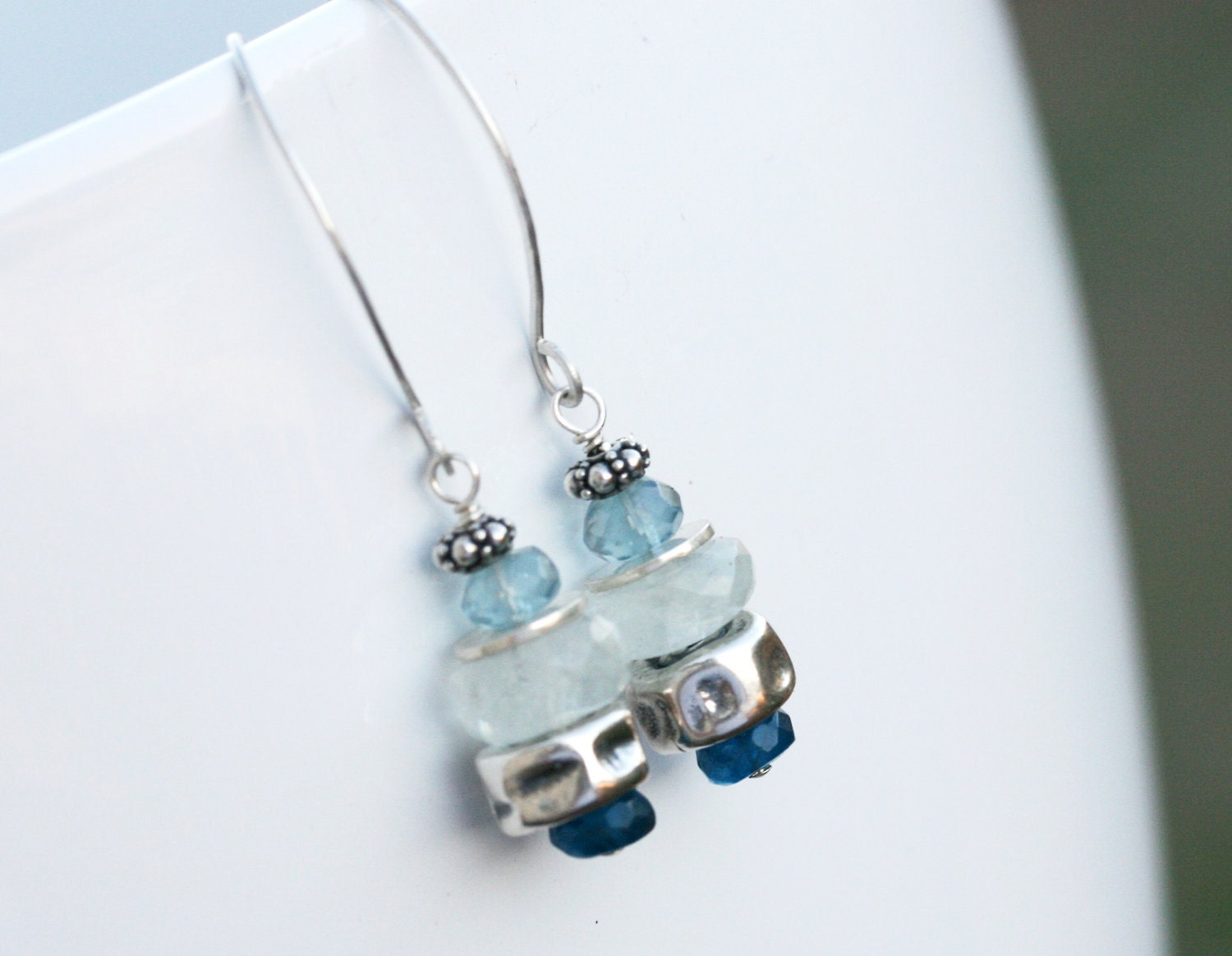 Moonstone, blue apatite, flourite gem stack earrings