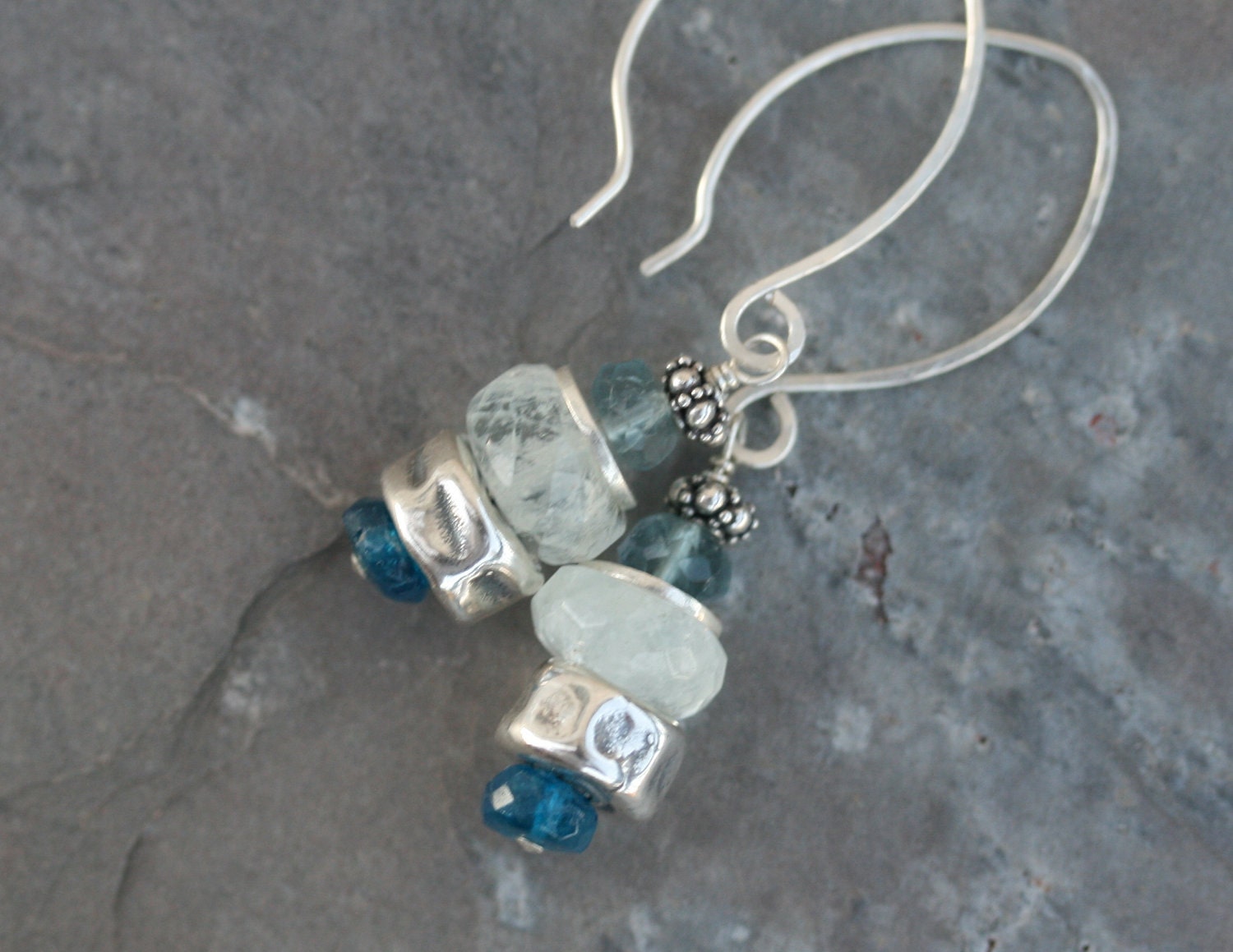 Moonstone, blue apatite, flourite gem stack earrings