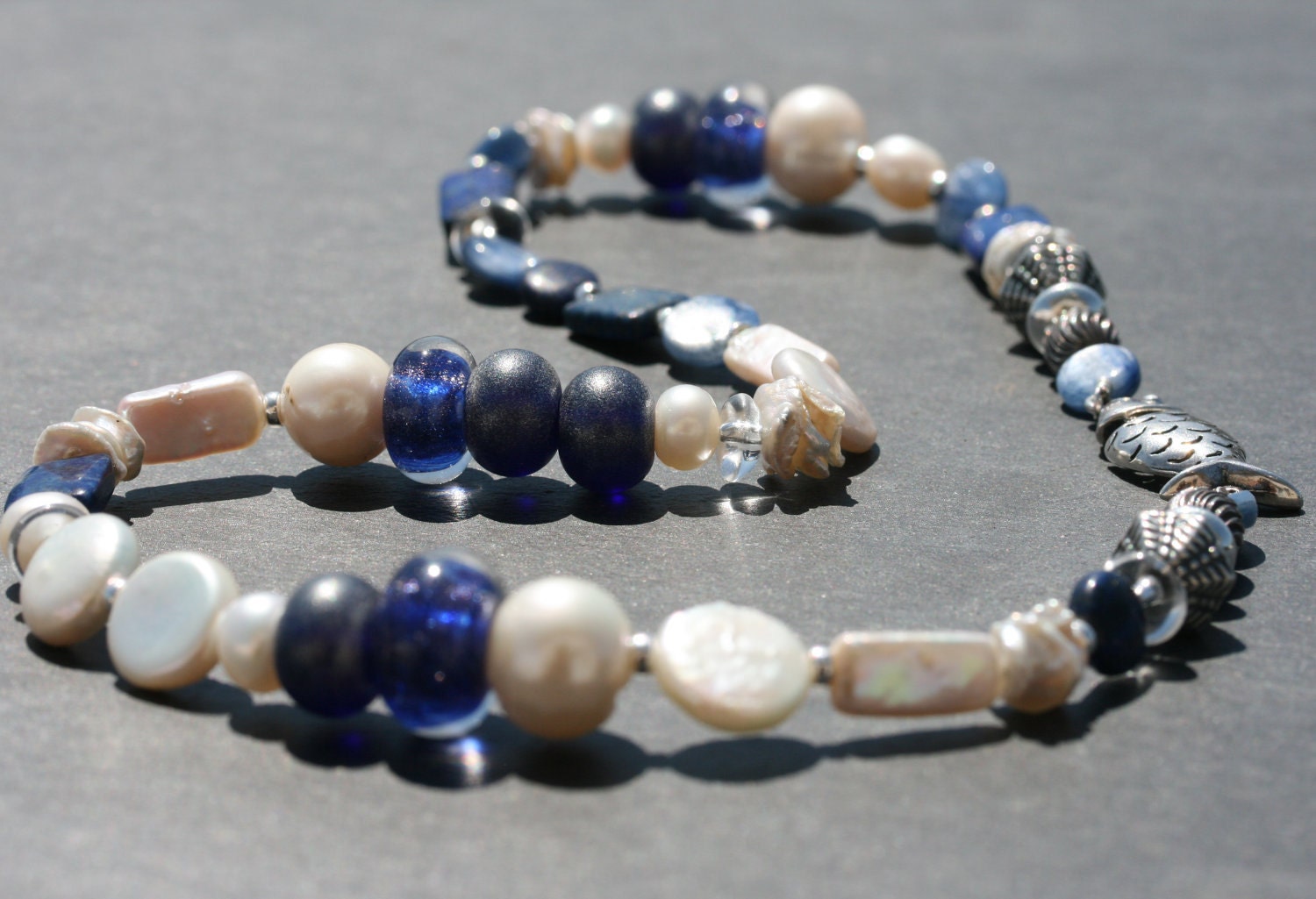 Pearl Lapis artisan Lampwork, sterling silver necklace - Azure Seas