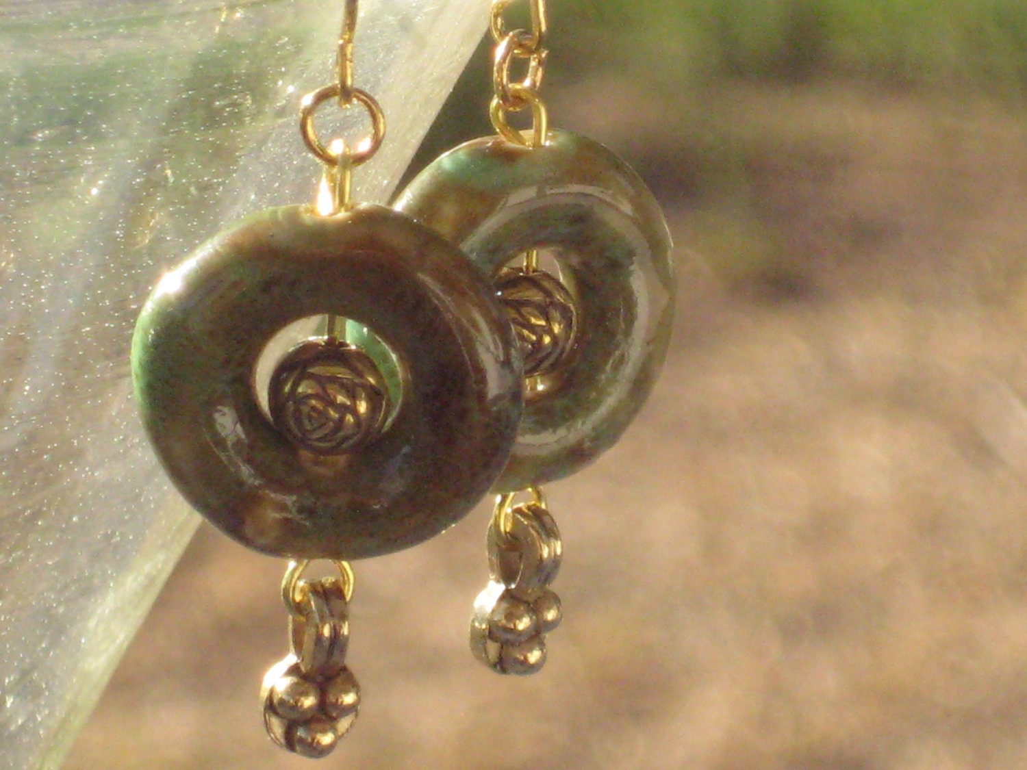 Marbled green ceramic and gold dangle earrings