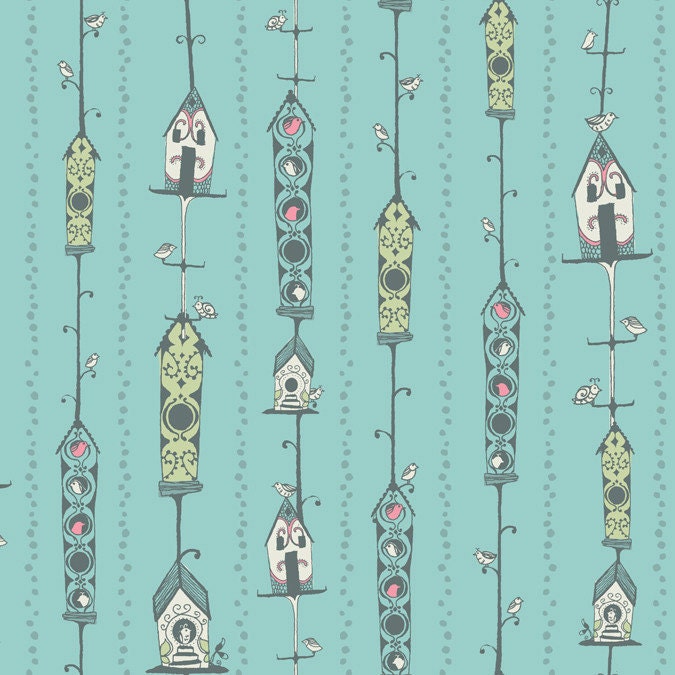 Birdhouse in Turquoise from Feather N Stitch by Sarah Watts - Fat Quarter