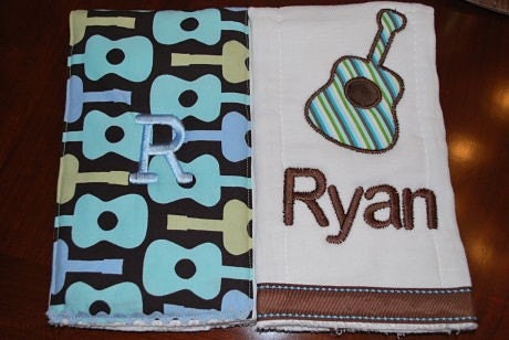 Personalized Guitar Set for the Hip Little Fella  Onesie and Two Burp Cloths