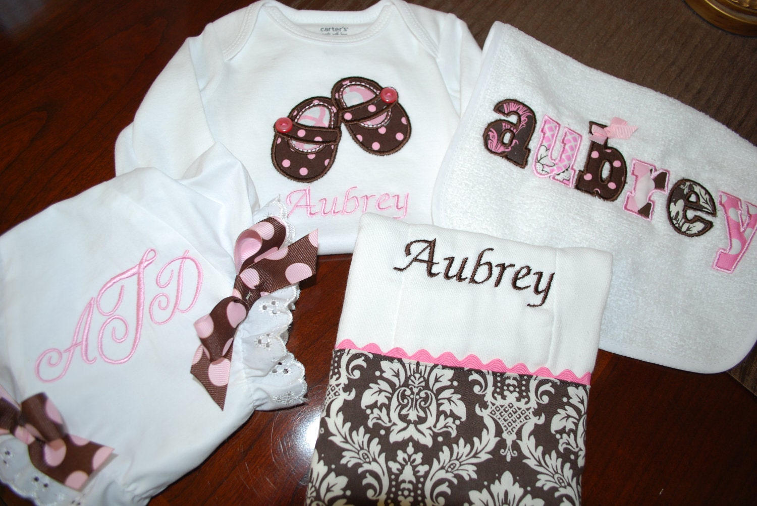 Personalized Pink and Brown Applique Baby Girl Gift Set...Mary Jane shoes onesie, Bib, Burp cloth and Diaper cover