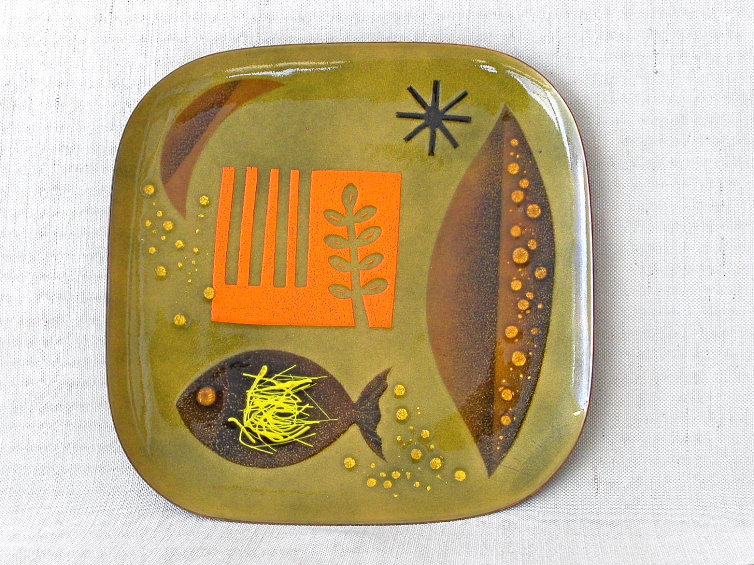 Large Square Enamel on Copper Plate by MIGUEL PINEDA