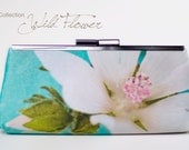 Bridesmaid clutch blue - woman satin handbag - floral print purse -  white flower