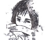 Original Monotype Drawing - black white -Little spanish girl-
