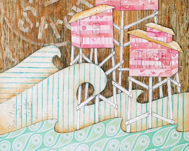 Mixed Media Collage Art Print. Pink Beach Houses, Cool Ocean Blues. Friendship, Storms of Life. Watercolor and Vintage Notebook Paper.