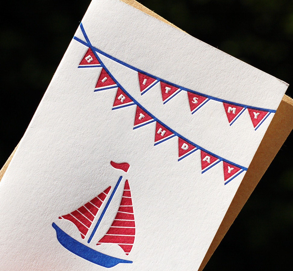Letterpress Birthday Invitations, Sailboat - set of 8
