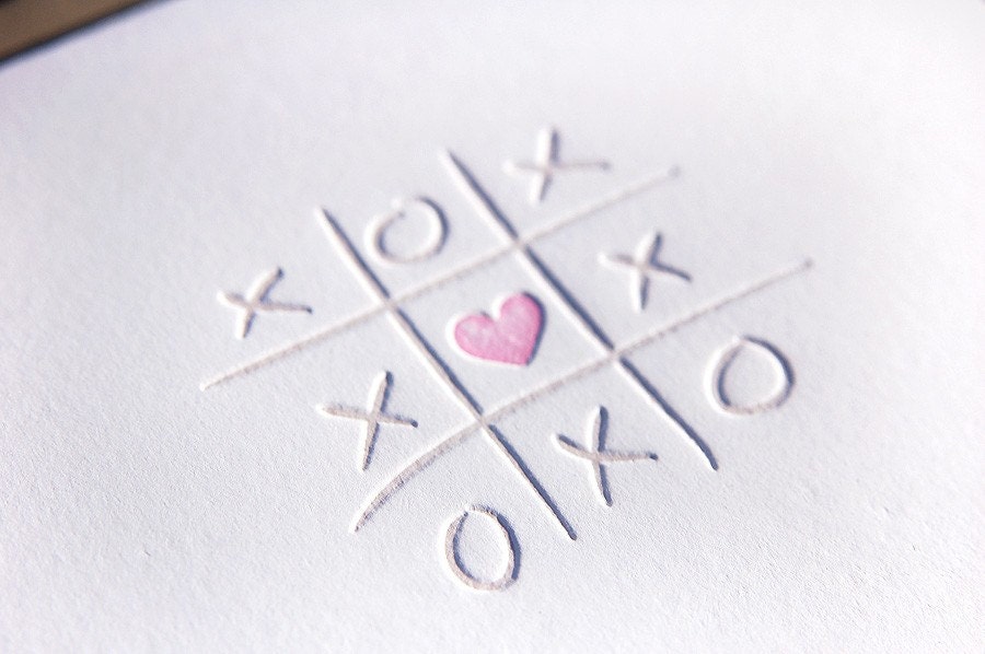 Letterpress Valentine card, xoxo and tic-tac-toe.