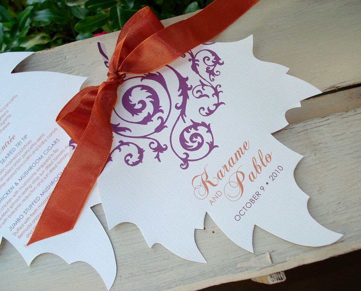 FALLING IN LOVE Damask Hand Cut Maple Leaf Dinner Menu - Sample