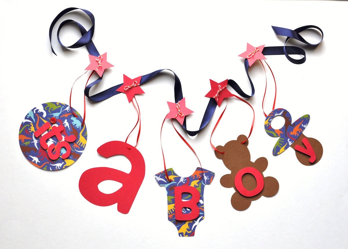Baby shower decorations red and blue dinosaur it's a boy banner by ParkersPrints on Etsy Il_170x135