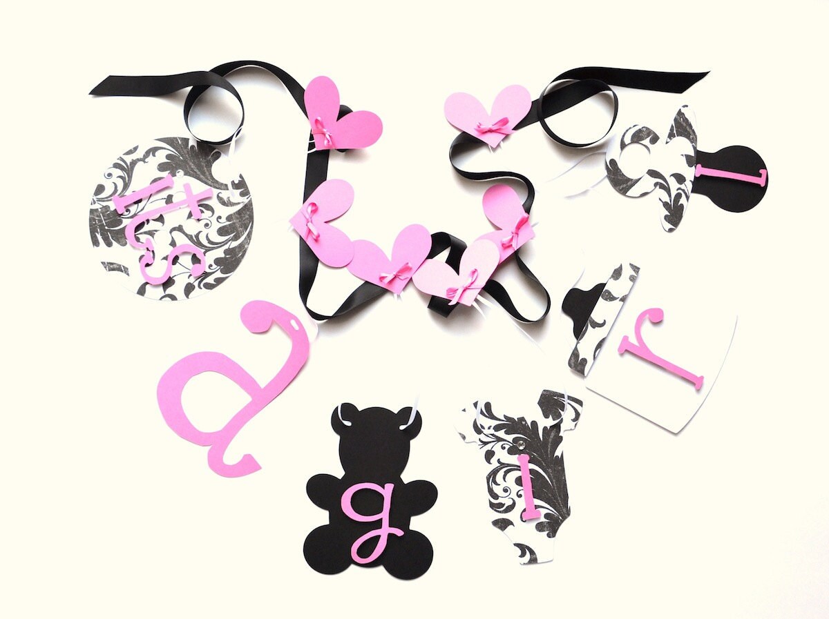 Pink and Black Damask baby shower decorations it's a girl banner by ParkersPrints on Etsy Il_570xn