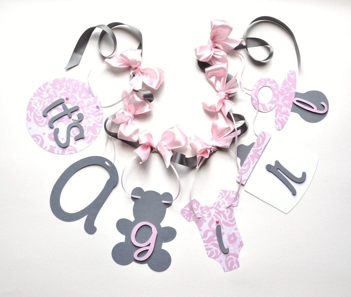 Pink and grey baby shower decorations it's a girl banner with bows by ParkersPrints Il_570xn