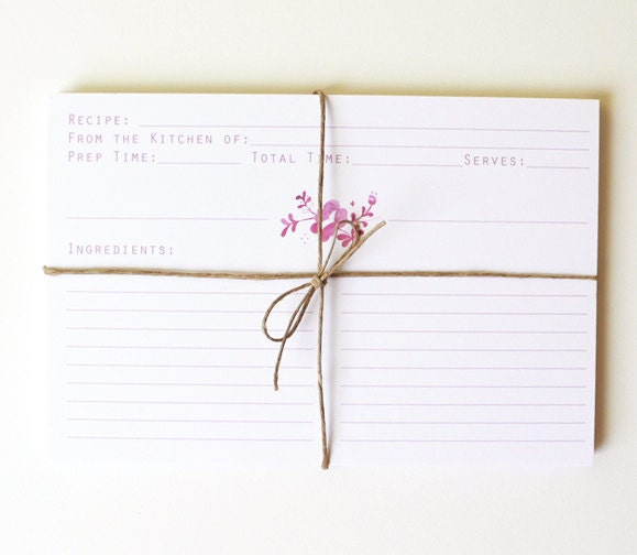 30% Off SALE - Recipe Cards - Handpainted Floral Illustration - Set of 12 Cards - Wedding Shower Gift - Hostess - Gift for Her - Secret San