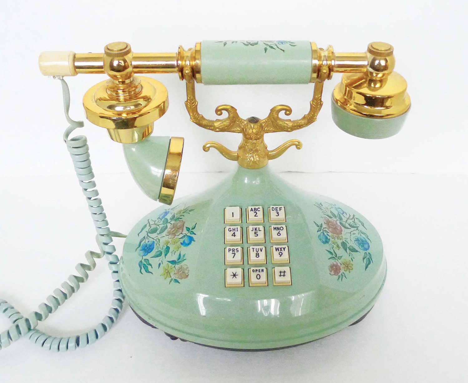 Vintage Empress Mint / Light Teal Florals Printed Princess Phone