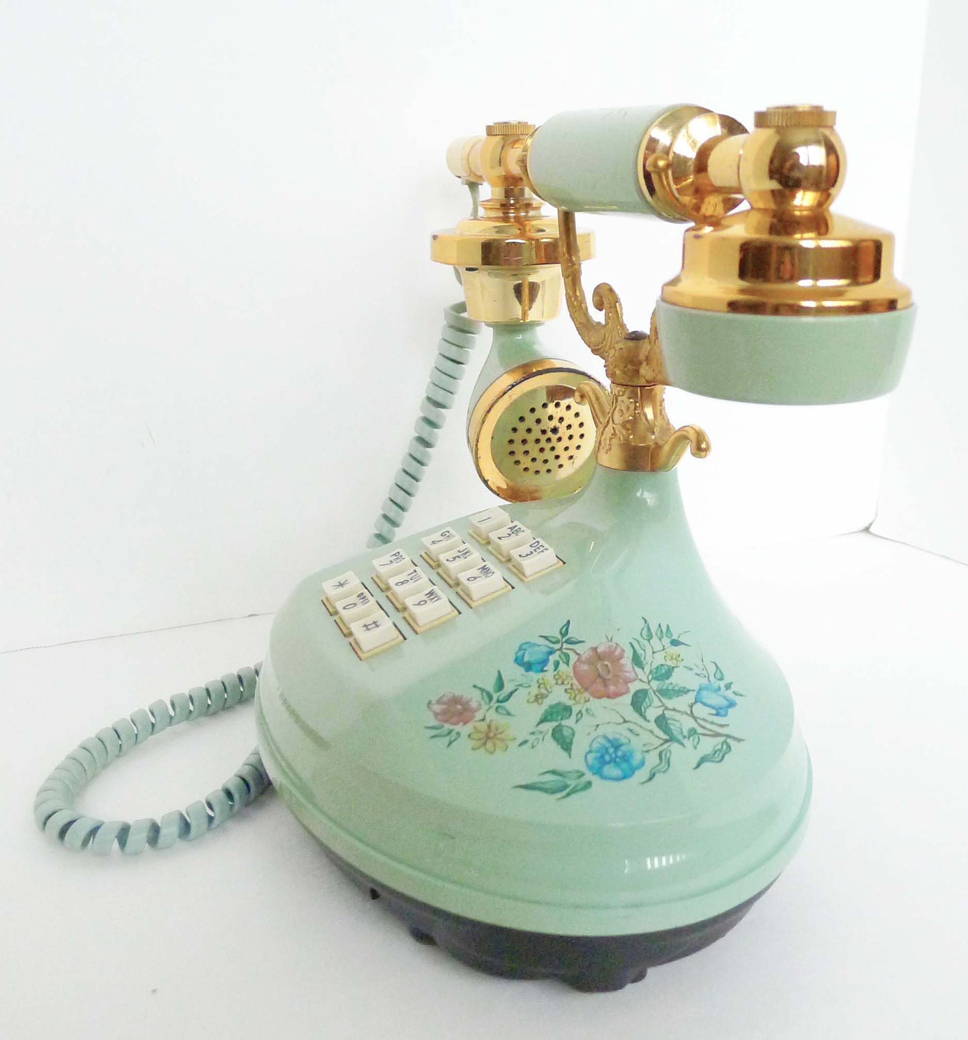 Vintage Empress Mint / Light Teal Florals Printed Princess Phone