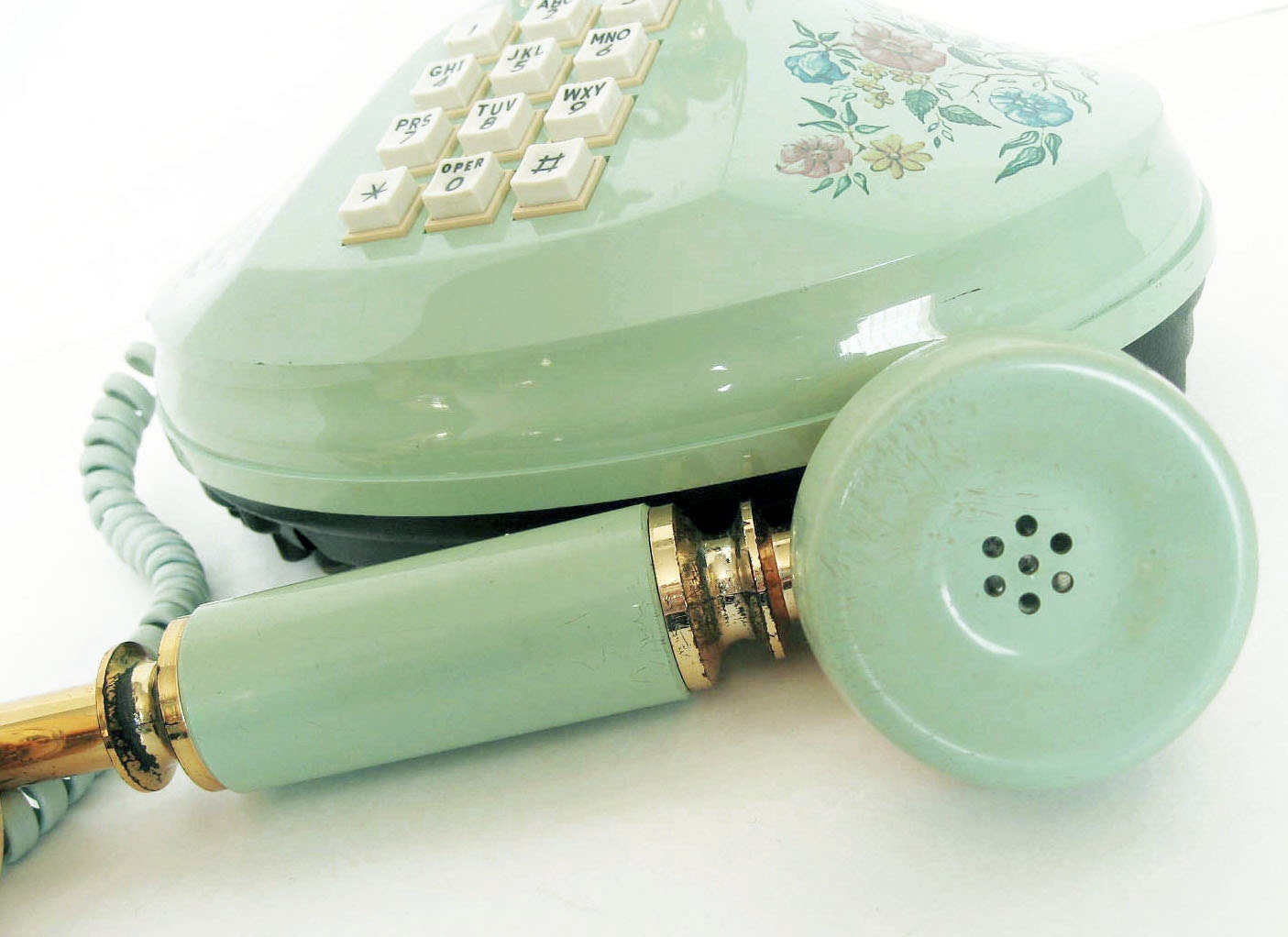 Vintage Empress Mint / Light Teal Florals Printed Princess Phone